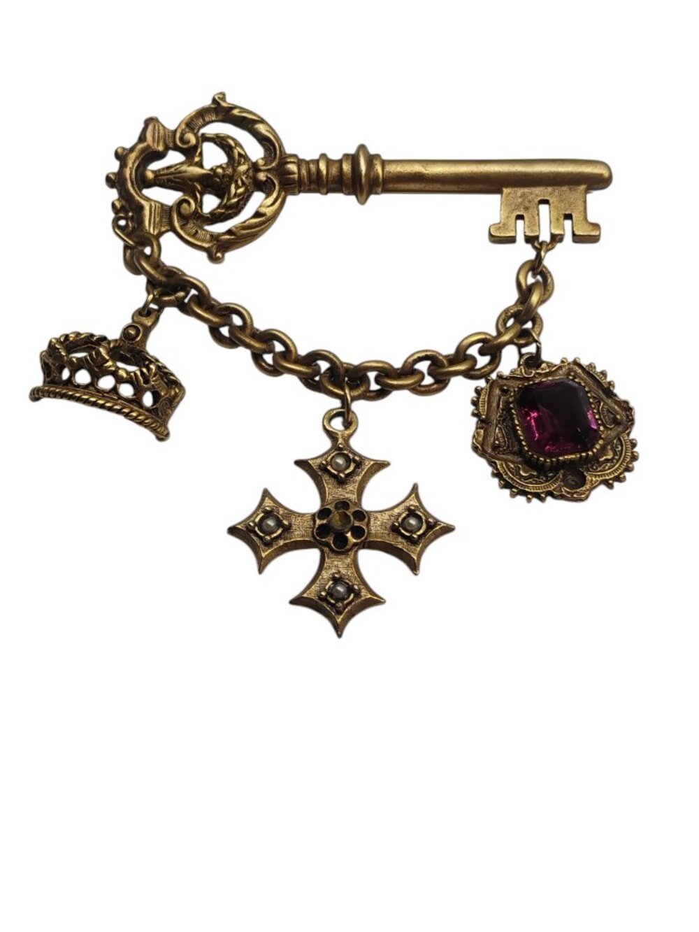 Vintage Skeleton Key Brooch Pin Crown Maltese Cross Charm Chatelaine Dangle